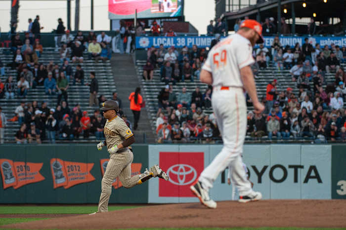San Diego Padres left fielder Juan Soto rounds second base after hitting a home run off of SF Giants relief pitcher John Brebbia during the first inning at Oracle Park on September 26, 2023.